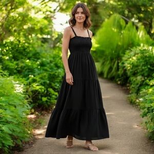 Zara Black Smocked Cotton Maxi Dress with Straps, Sz M